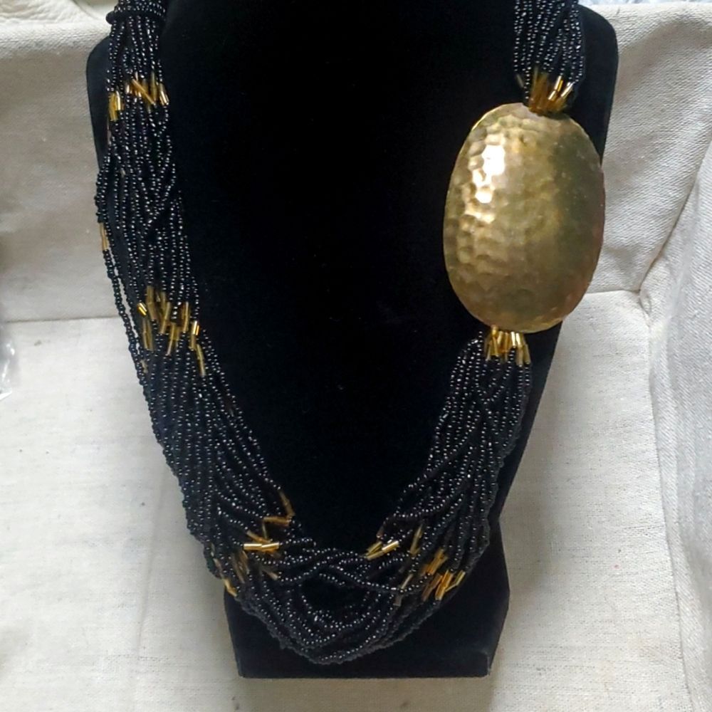 Vintage Boho Tribal Maximalist Black Seed Beed and Brass Statement Necklace